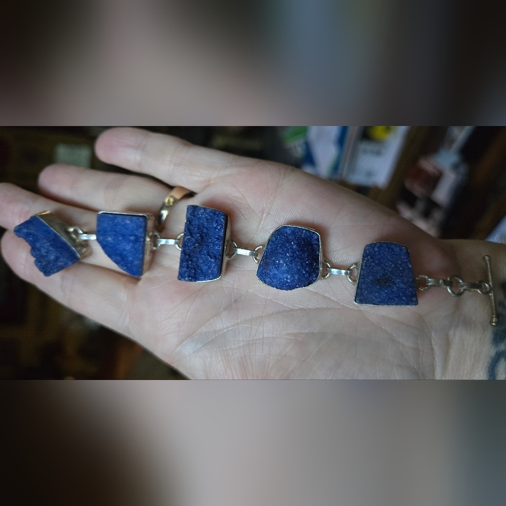 Saphire druzy Stone Sterling Bracelet 7" adjustable - Picture 5 of 8